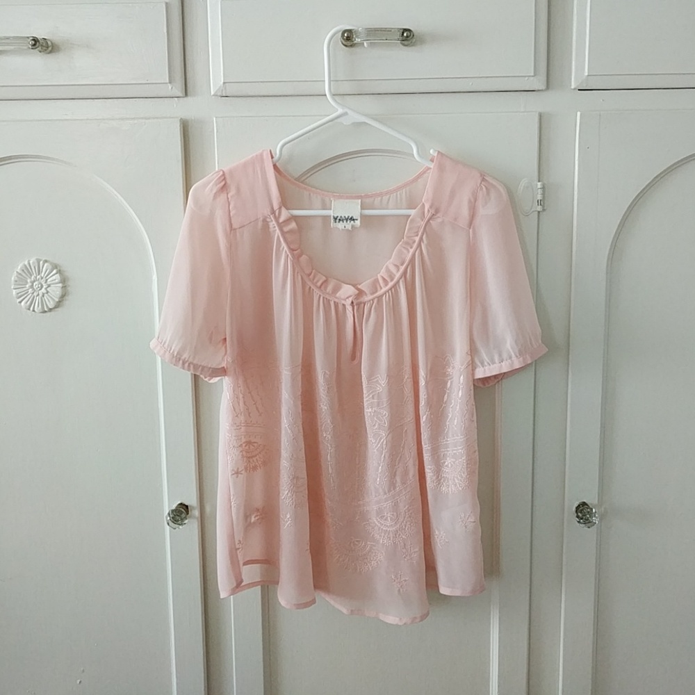 Anthropologie Sheer Embroidered Pink Boho Blouse